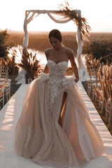 Elegant Champagne Long A-line Strapless Lace Tulle Wedding Dress with Appliques