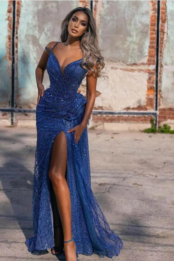 Glitter Long Mermaid Off the Shoulder Sequins Formal Prom Dresses with Slit