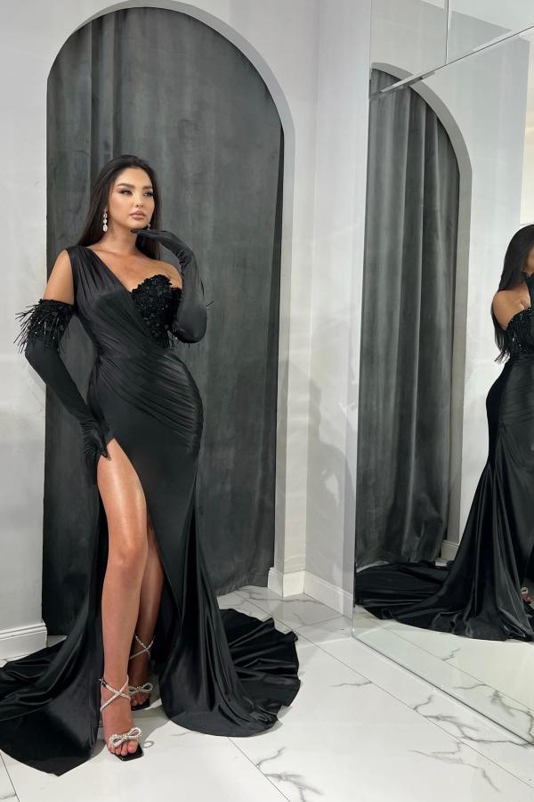 Chic Black Long Asymmetrical One Shoulder Sleeveless Prom Dress with Slit