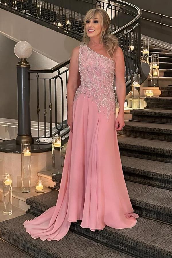 One Shoulder A-Line Chiffon Beaded Long Evening Dress with Appliques Lace