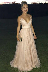 Long V-neck Spaghetti Straps Tulle A-line Prom Dress