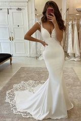 Long Deep V-neck Appliques Lace Satin Floor Length Mermaid Wedding Dress