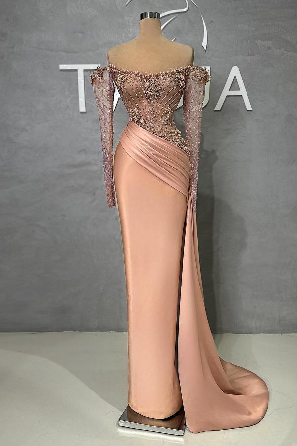 Long Mermaid Off the Shoulder Satin Beadings Formal Prom Dress with Sleeves