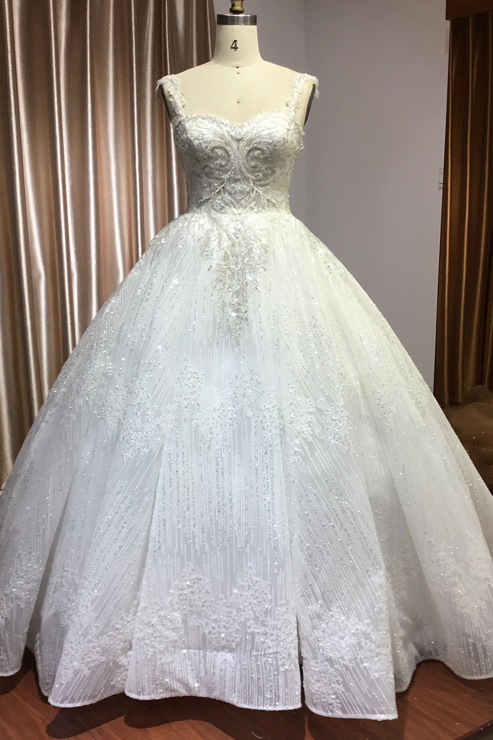 Long Straps Sequins Sweetheart Pleated Ball Gown Wedding Dresses
