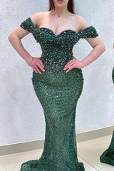 Long Plue Size Mermaid Off The Shoulder Sweetheart Prom Dress with Beads