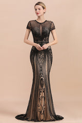 Luxury Black Long Mermaid Tulle Beaded Formal Evening Dresses