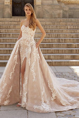 Elegant Champagne Long Sweetheart Mermaid Detachable Train Wedding Dress	 with Pockets