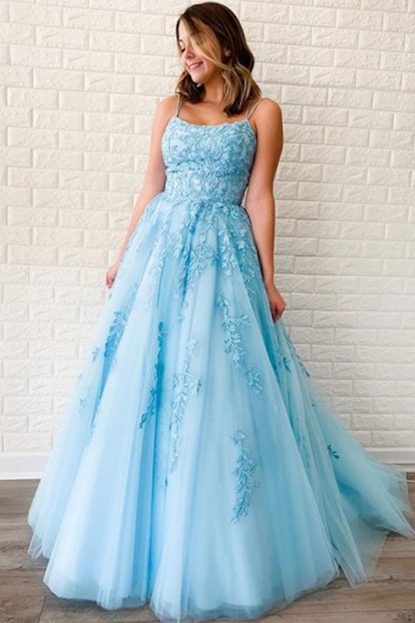 Long A-line Spaghetti Straps Tulle Lace Open Back Prom Dresses