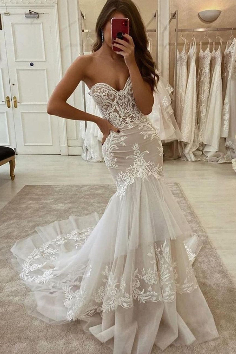 Charming Long Sweetheart Mermaid Appliques Lace Ruffles Tulle Wedding Dress