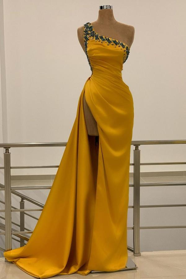 Long One Shoulder Backless Beading Floor Length Ruffles Split Mermaid Prom Dress