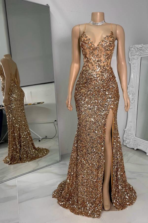 Mermaid Long Spaghetti Straps V Neck Backless Prom Dress with Slit