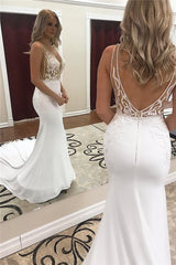 Elegant Long Open Back Straps Appliques V-Neck Mermaid Wedding Dresses