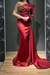 Long Mermaid Asymmetrical Ruffles Satin Tulle Formal Evening Dress with Sleeves
