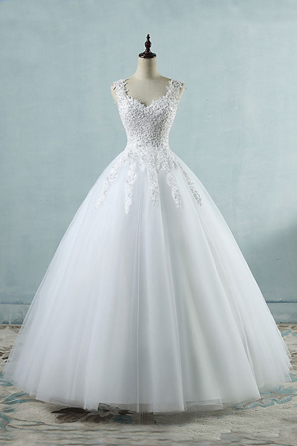 Long Sweetheart Appliques Lace Tulle A-line Wedding Dress