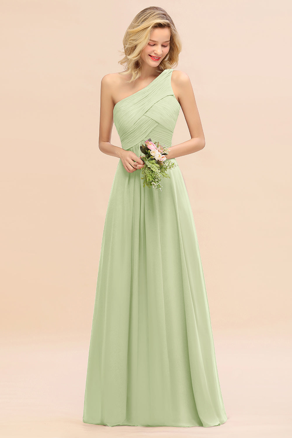 Elegant A-line Chiffon Ruffles One Shoulder Long Bridesmaid Dress