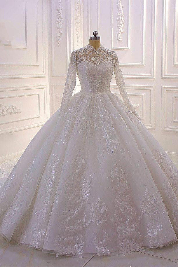 Long High Neck Appliques Lace Ball Gown Ruffles Wedding Dress	 with Long Sleeve