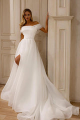 Elegant White Long A-Line Off The Shoulder Tulle Wedding Dresses with Slit