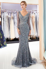 Long V-neck Tulle Mermaid Tulle Formal Evening Dress with Sleeves