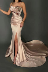 Long Mermaid Strapless Beading Satin Prom Dress with Slit