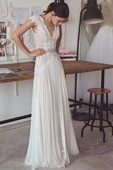 Beach Long A-line V Neck Chiffon Wedding Dress with Cap Sleeves