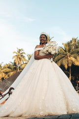 Gorgeous Long Ball Gown Off the Shoulder Tulle Lace Wedding Dress