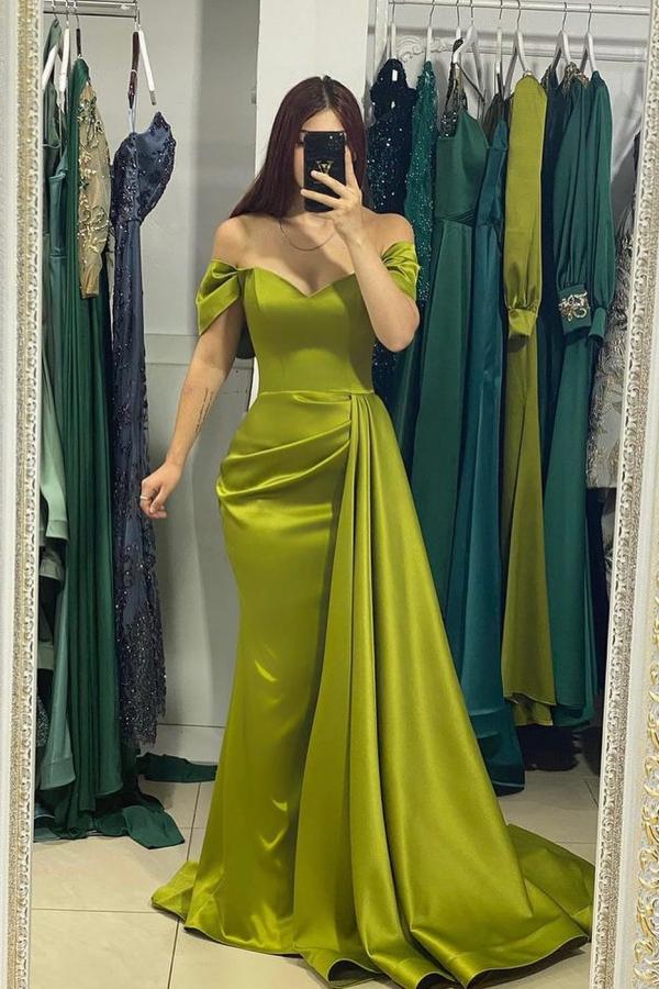 Long Mermaid Off the Shoulder Satin Prom Dresses with Side Sweep Train