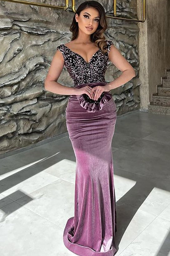 Elegant Long Mermaid V-neck Velvet Formal Evening Dress