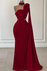 Burgundy Long Mermaid One Shoulder Satin Prom Dress with Flowers