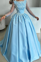 Long Ball Gown Satin Floor Length Prom Dress with Sleeves