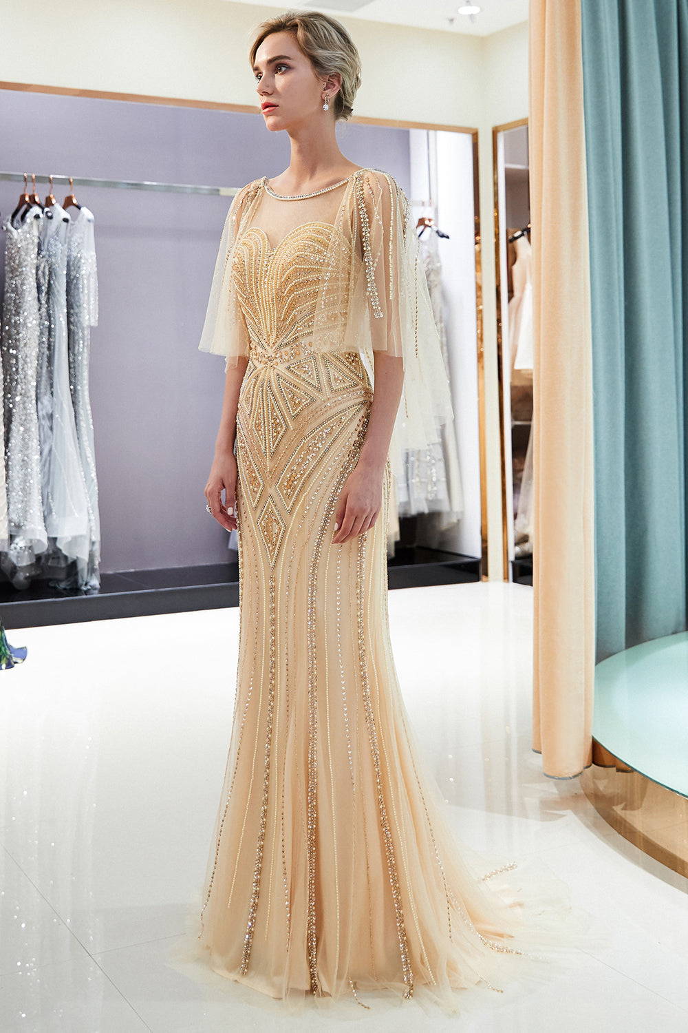Chic Long Jewel Tulle Mermaid Backless Evening Formal Dresses with Sleeves