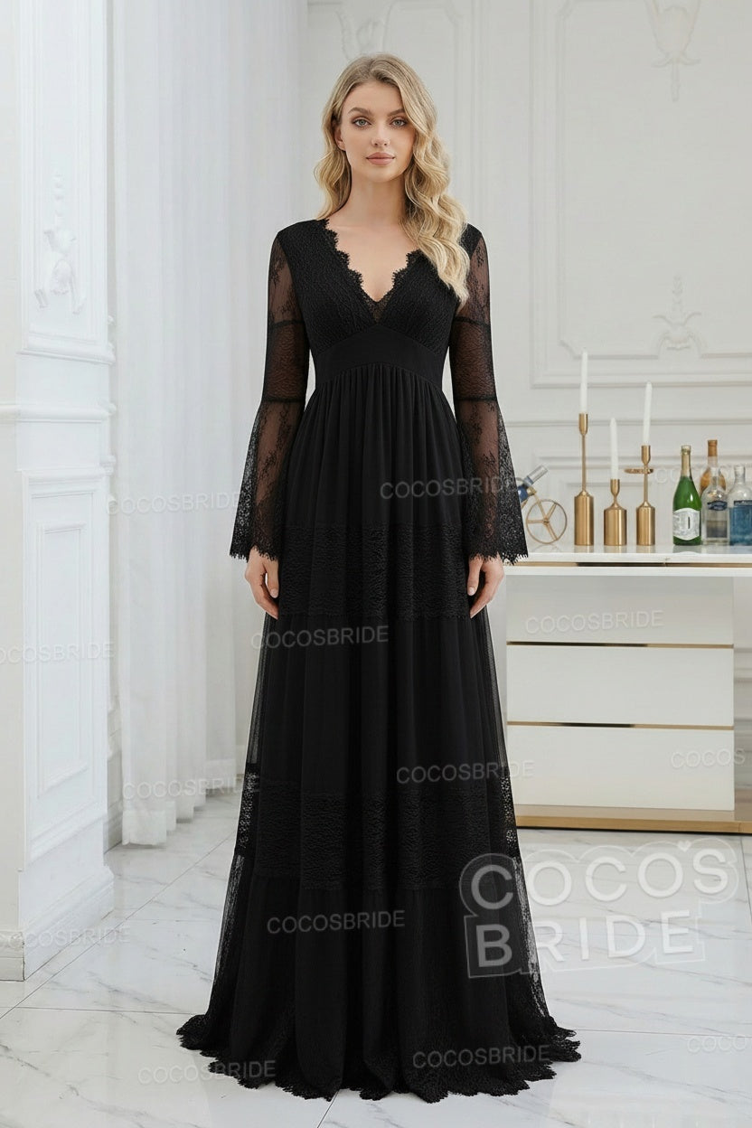 Elegant Long Sleeves A-line V-Neck Tulle Wedding Dresses