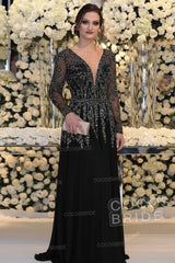 Long Sleeve Floor Length A-line Mother Of Bride Dress With Beading