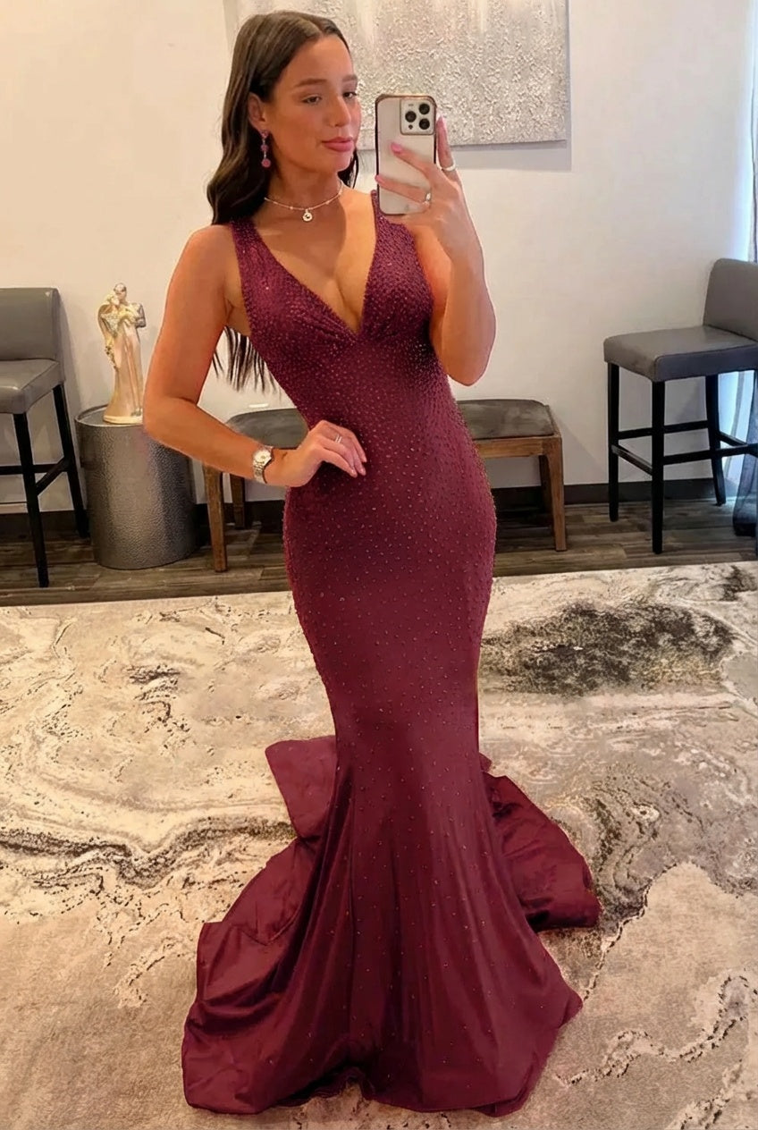 Orange Long Mermaid V neck Sequin Backless Prom Dress
