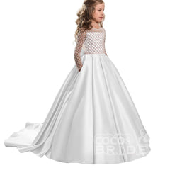 Scoop Neck Long Sleeves Ball Gown Flower Girl Dress with Pockets