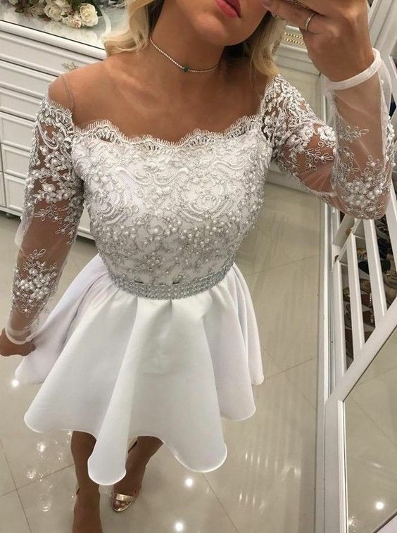 Short A Line White Lace Long Sleeves Chiffon Party Dresses