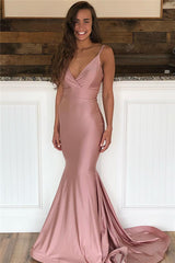 Long V-neck Mermaid Floor Length Spaghetti Straps Prom Dress With Ruffles