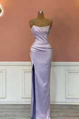 Strapless Long Mermaid Satin Beaded Prom Dress with Slit