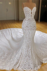 Long Spaghetti Straps Appliques Lace Mermaid Wedding Dress With Cathedral Train