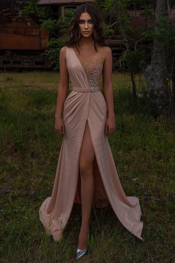 Long Mermaid V-neck Beading Floor Length Ruffles Prom Dress With Slit