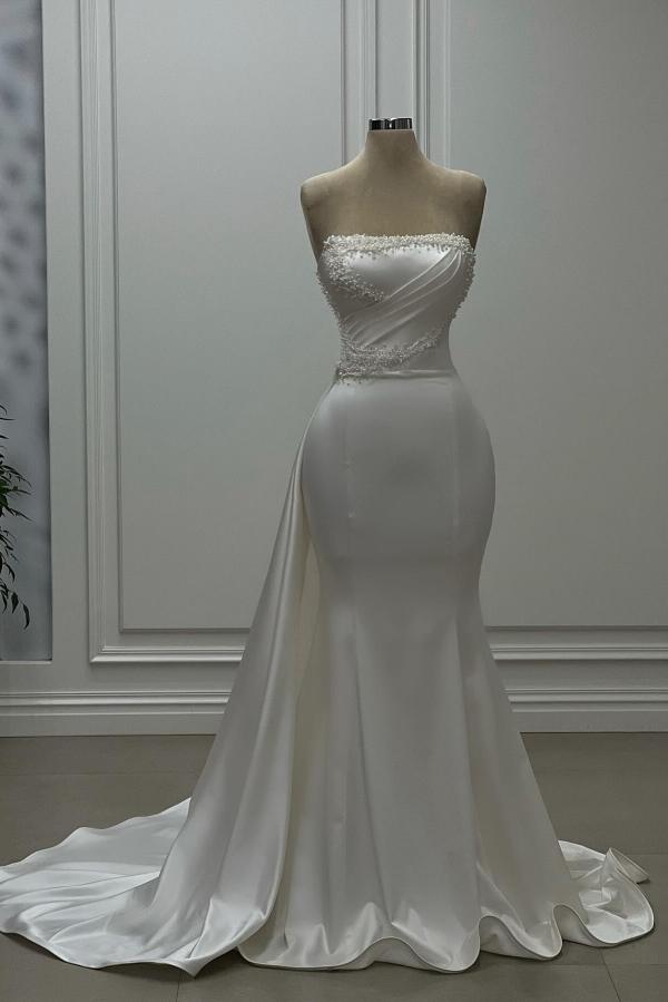 White Long Mermaid Strapless Satin Floor Length Formal Prom Dresses