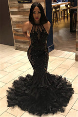 Black Long Mermaid Halter Tulle Appliques Lace Prom Dress