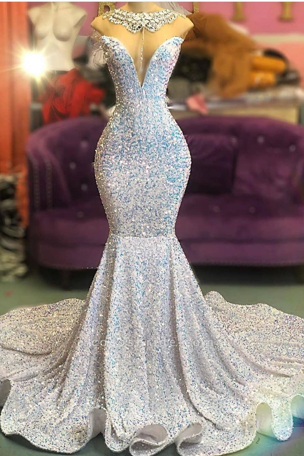 Luxury Long Bateau Beading Sequins Floor Length Mermaid Prom Dress