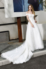 Gorgeous Long A-Line Lace Off Shoulder Satin Wedding Dress
