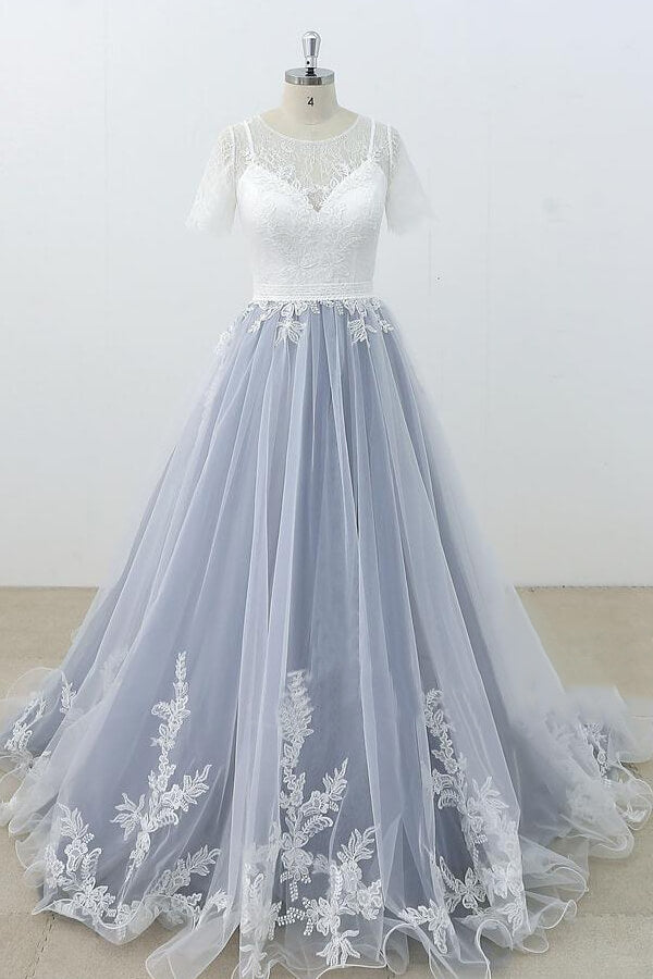 Long Appliques Lace Tulle A-line Wedding Dress	es with Short Sleeve