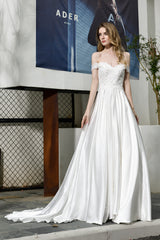Elegant Long A-line Off the Shoulder Lace Satin Wedding Dresses