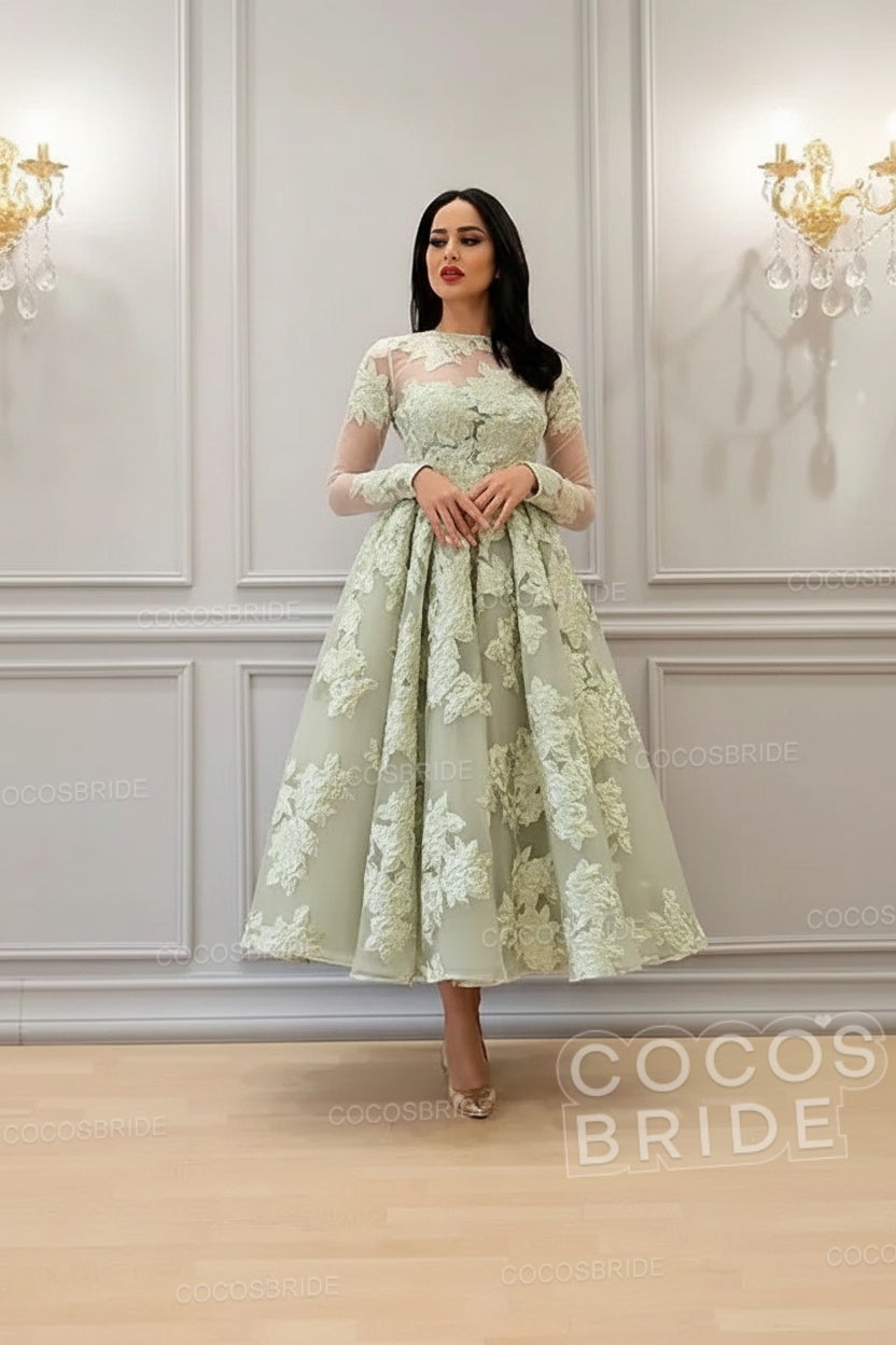 Elegant A-line High Neck Lace Formal Evening Dress with Sleeves
