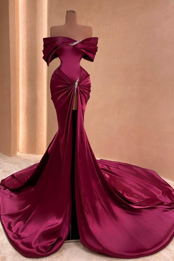 Long Mermaid Off the Shoulder Satin Beading High Front Split Prom Dress