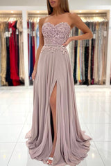 Long A-Line Sweetheart Appliques Lace Chiffon Prom Dress With Side Slit