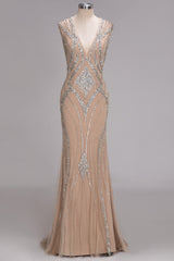 Long Mermaid V-neck Floor Length Sleeveless Sequins Prom Dresses