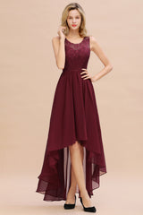 Vintage Bateau Appliques A-line Chiffon High Low Ruched Bridesmaid Dresses